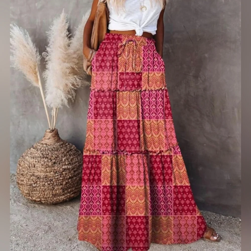 Maxi Skirt 70s Style Long Pocket Skirts - Long Floral Boho Patchwork Print Skirt - Picture 7 of 9